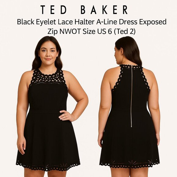 Ted Baker Black Eyelet Lace Halter A-Line Dress Exposed Zip NWOT Sz US 6 (Ted 2) - Picture 1 of 12